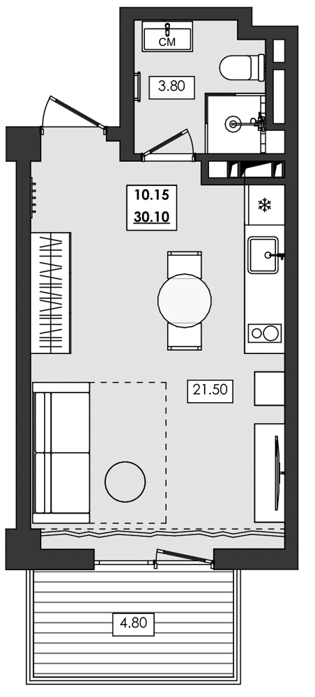1-комн. апартамент №10.15, 10 эт., корп. 1 очередь, Алушта Ривьера
