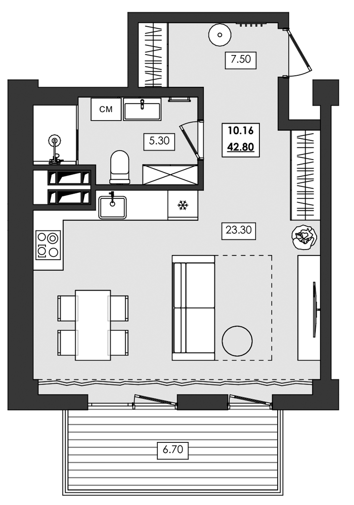 1-комн. апартамент №10.16, 10 эт., корп. 1 очередь, Алушта Ривьера