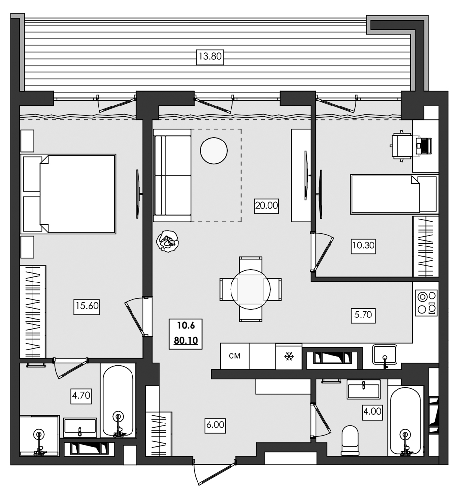 3-комн. апартамент №10.6, 10 эт., корп. 1 очередь, Алушта Ривьера