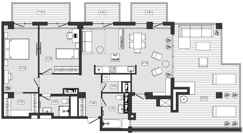 3-комн. апартамент №10.7, 10 эт., корп. 1 очередь, Алушта Ривьера