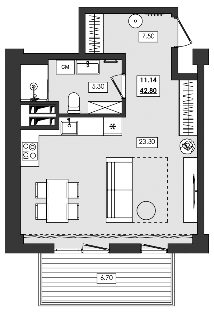 1-комн. апартамент №11.14, 11 эт., корп. 1 очередь, Алушта Ривьера