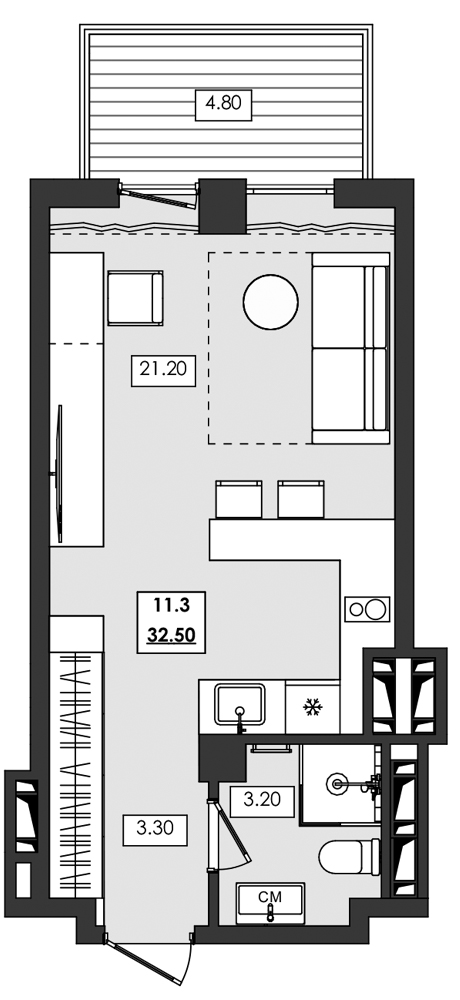 1-комн. апартамент №11.3, 11 эт., корп. 1 очередь, Алушта Ривьера