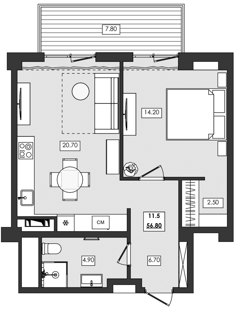 2-комн. апартамент №11.5, 11 эт., корп. 1 очередь, Алушта Ривьера