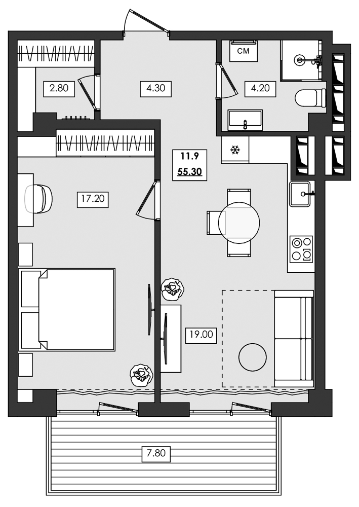 2-комн. апартамент №11.9, 11 эт., корп. 1 очередь, Алушта Ривьера