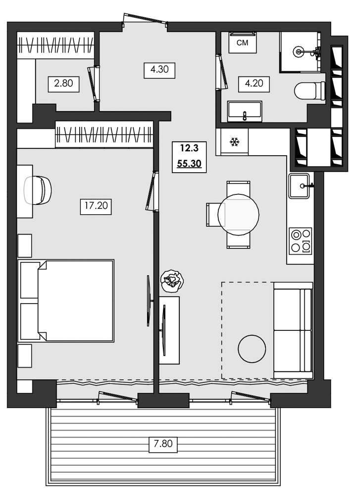 2-комн. апартамент №12.3, 12 эт., корп. 1 очередь, Алушта Ривьера