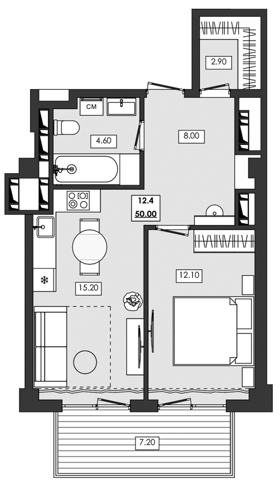 2-комн. апартамент №12.4, 12 эт., корп. 1 очередь, Алушта Ривьера