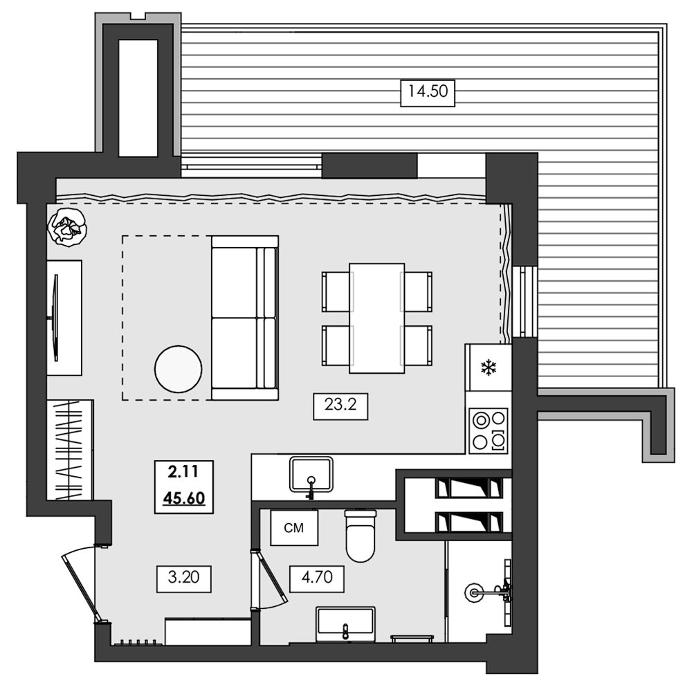 1-комн. апартамент №2.11, 2 эт., корп. 1 очередь, Алушта Ривьера