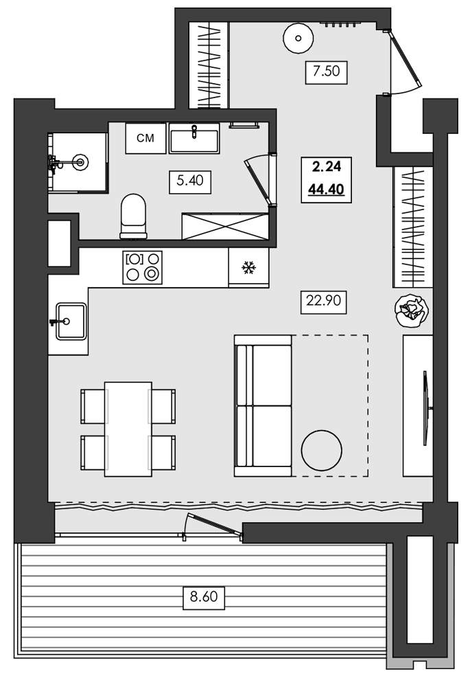 1-комн. апартамент №2.24, 2 эт., корп. 1 очередь, Алушта Ривьера