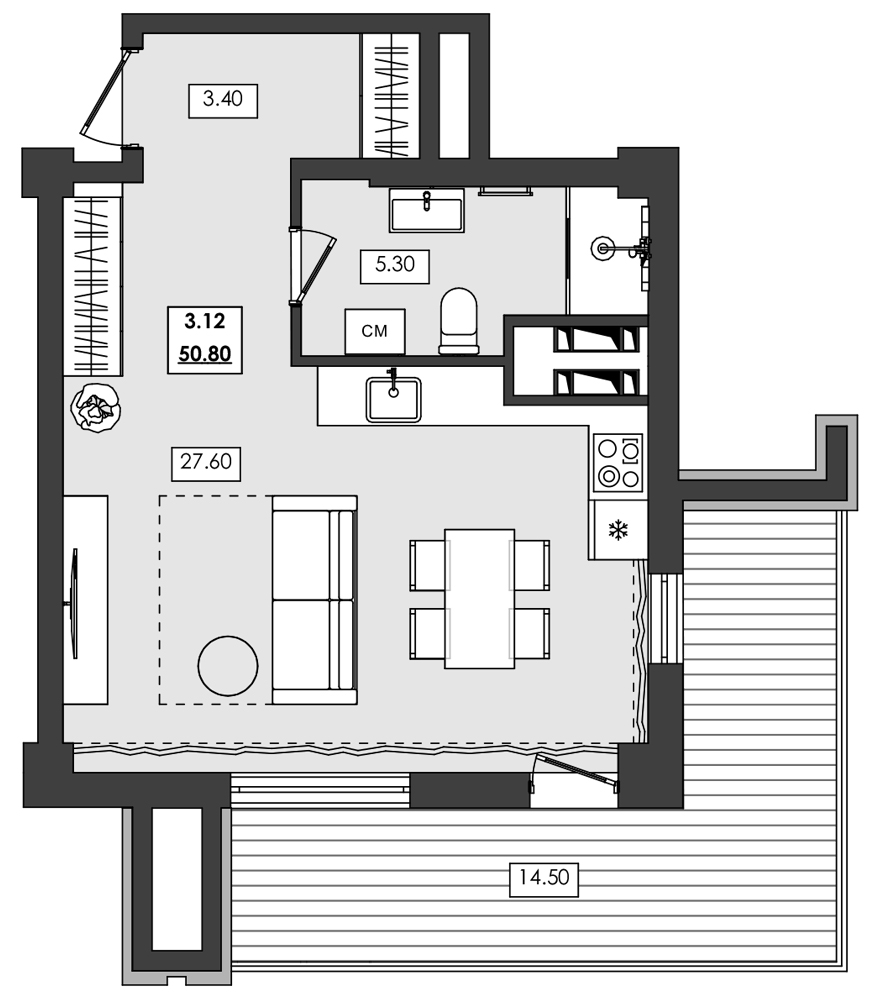 1-комн. апартамент №3.12, 3 эт., корп. 1 очередь, Алушта Ривьера