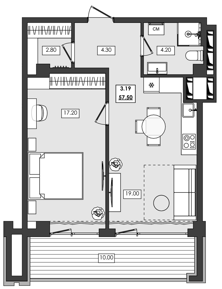 2-комн. апартамент №3.19, 3 эт., корп. 1 очередь, Алушта Ривьера