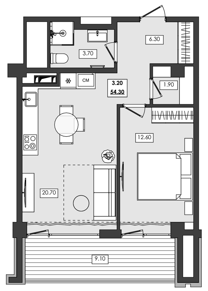 2-комн. апартамент №3.20, 3 эт., корп. 1 очередь, Алушта Ривьера