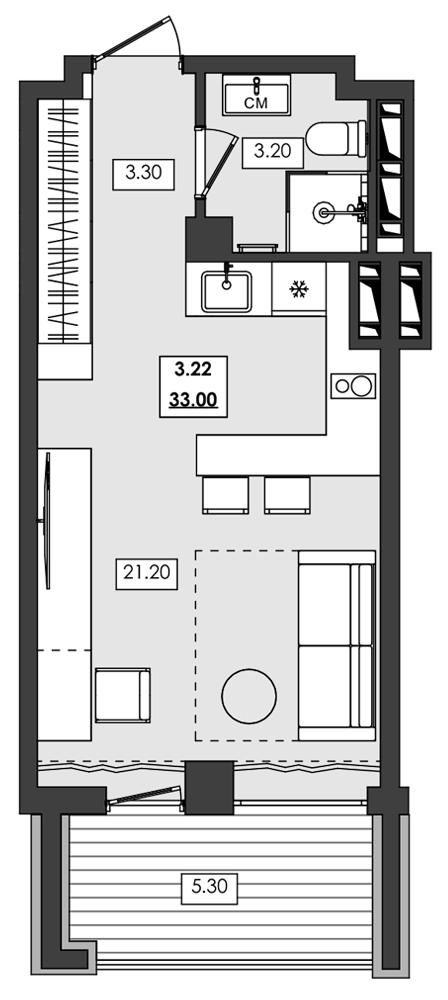 1-комн. апартамент №3.22, 3 эт., корп. 1 очередь, Алушта Ривьера