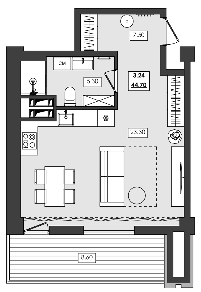 1-комн. апартамент №3.24, 3 эт., корп. 1 очередь, Алушта Ривьера