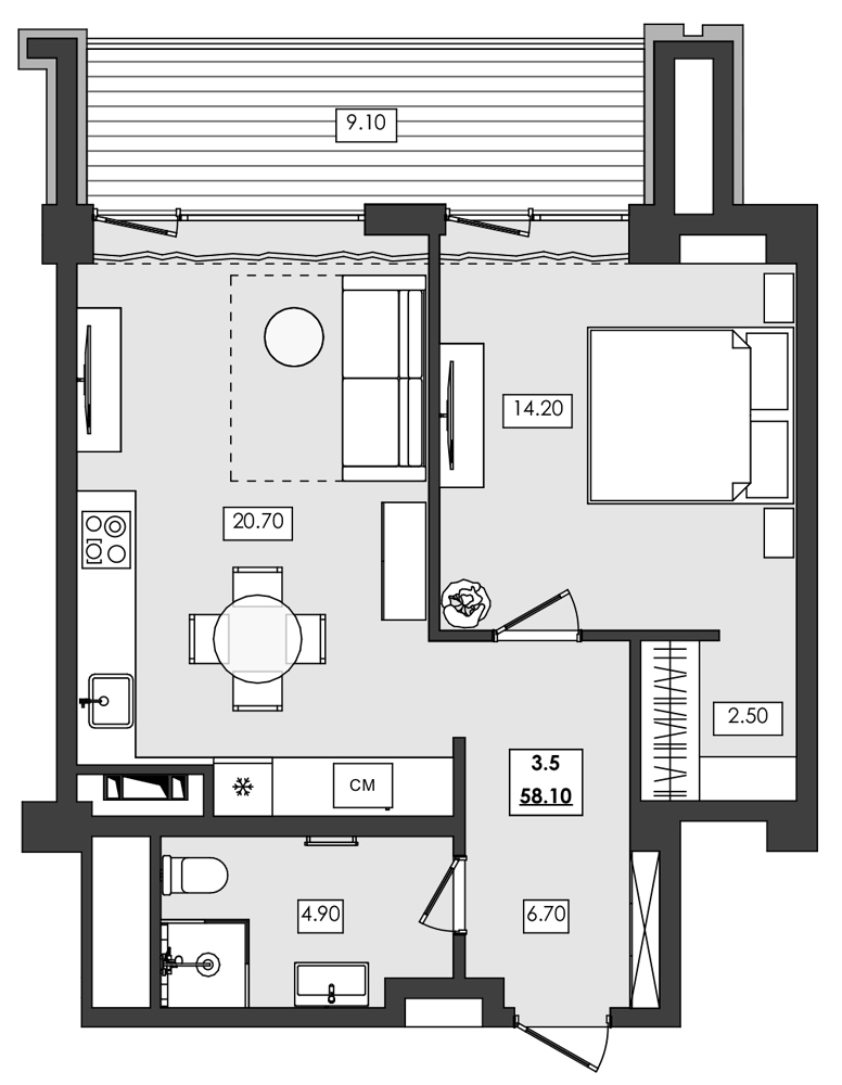 2-комн. апартамент №3.5, 3 эт., корп. 1 очередь, Алушта Ривьера