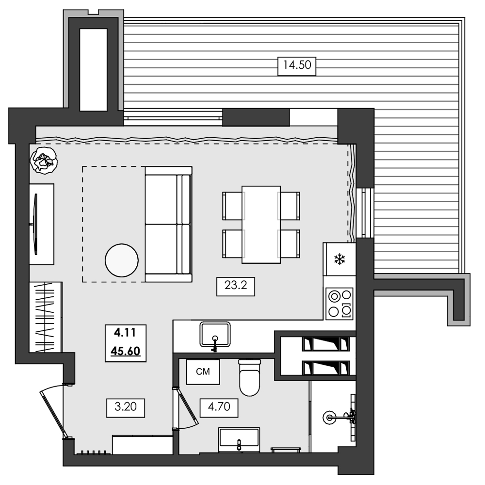 1-комн. апартамент №4.11, 4 эт., корп. 1 очередь, Алушта Ривьера
