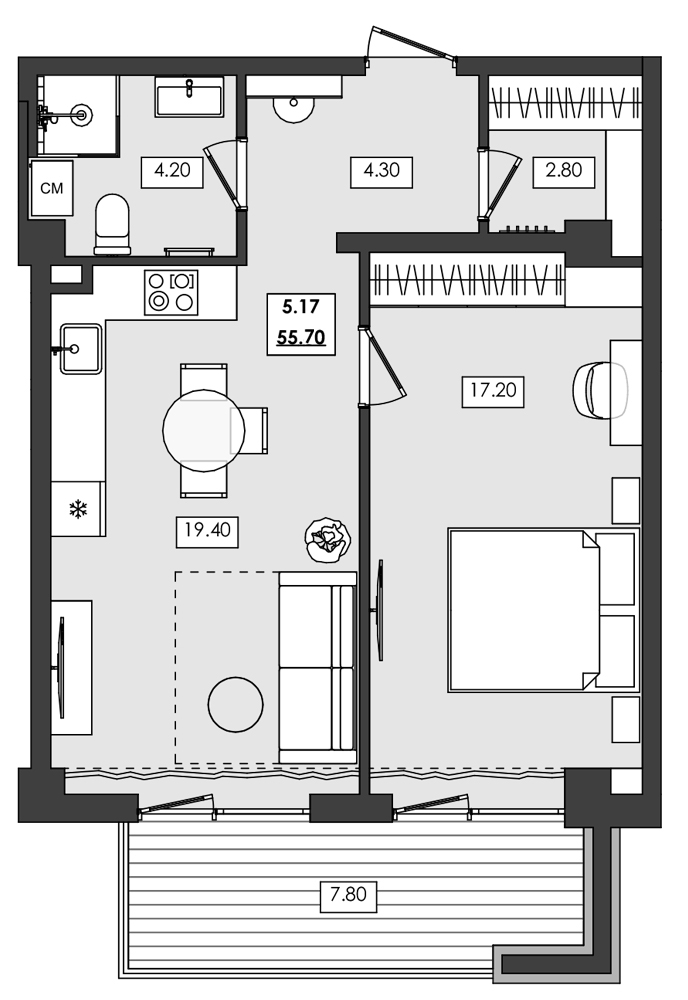 2-комн. апартамент №5.17, 5 эт., корп. 1 очередь, Алушта Ривьера