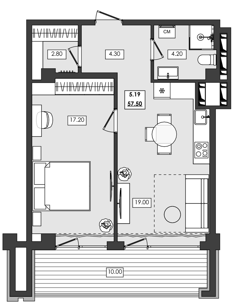 2-комн. апартамент №5.19, 5 эт., корп. 1 очередь, Алушта Ривьера