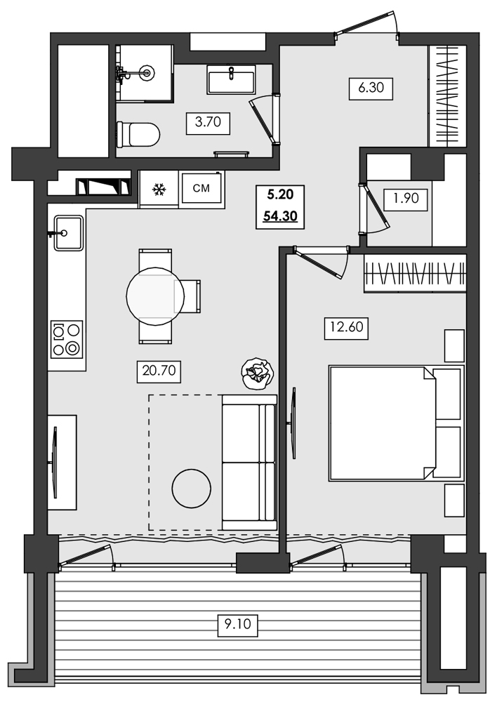 2-комн. апартамент №5.20, 5 эт., корп. 1 очередь, Алушта Ривьера