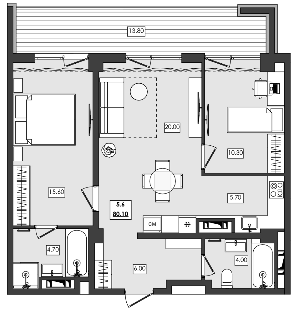 3-комн. апартамент №5.6, 5 эт., корп. 1 очередь, Алушта Ривьера