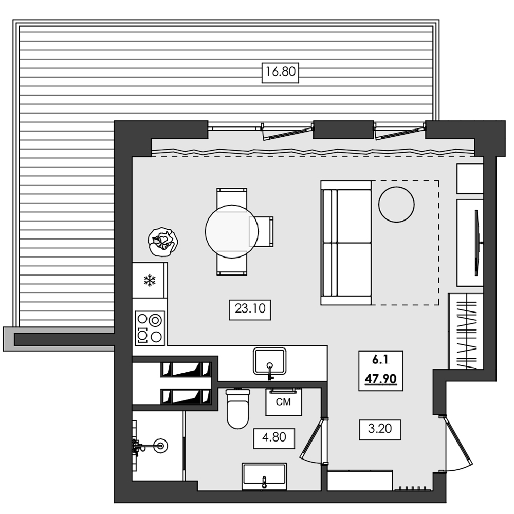 1-комн. апартамент №6.1, 6 эт., корп. 1 очередь, Алушта Ривьера