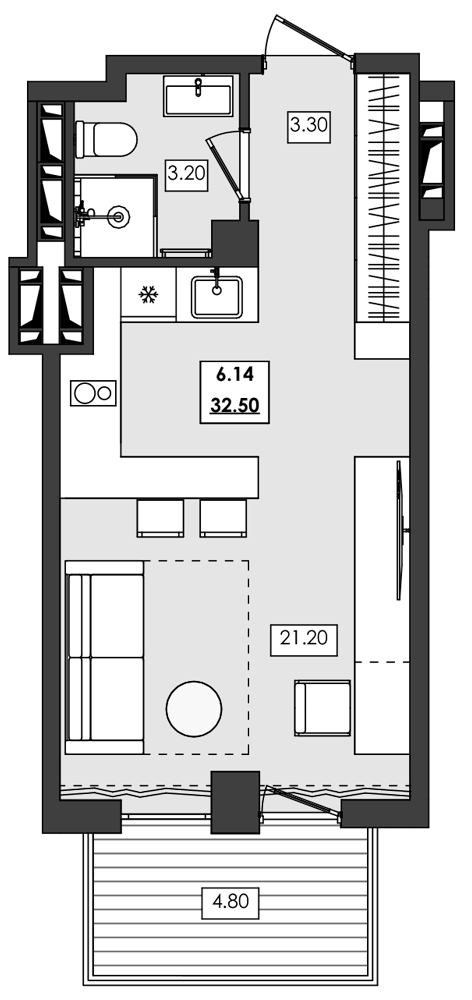 1-комн. апартамент №6.14, 6 эт., корп. 1 очередь, Алушта Ривьера