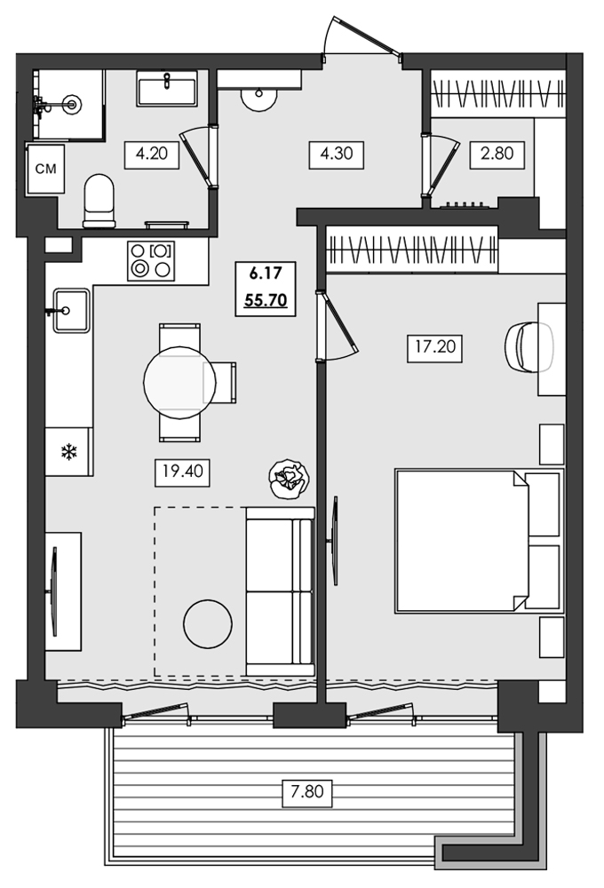 2-комн. апартамент №6.17, 6 эт., корп. 1 очередь, Алушта Ривьера