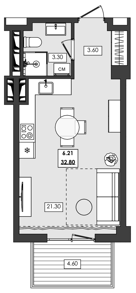 1-комн. апартамент №6.21, 6 эт., корп. 1 очередь, Алушта Ривьера