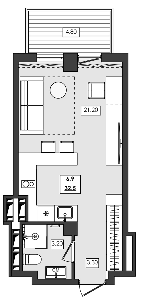 1-комн. апартамент №6.9, 6 эт., корп. 1 очередь, Алушта Ривьера
