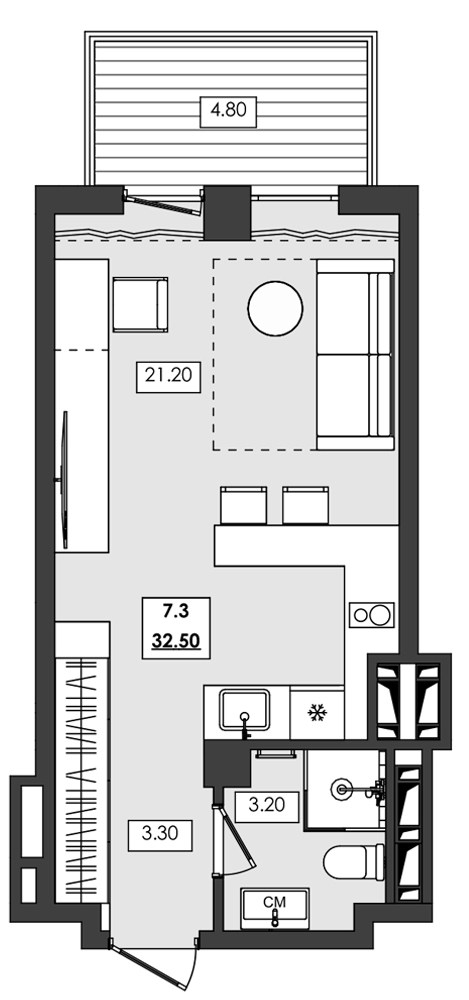 1-комн. апартамент №7.3, 7 эт., корп. 1 очередь, Алушта Ривьера