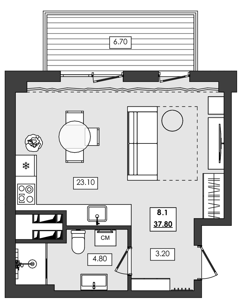 1-комн. апартамент №8.1, 8 эт., корп. 1 очередь, Алушта Ривьера