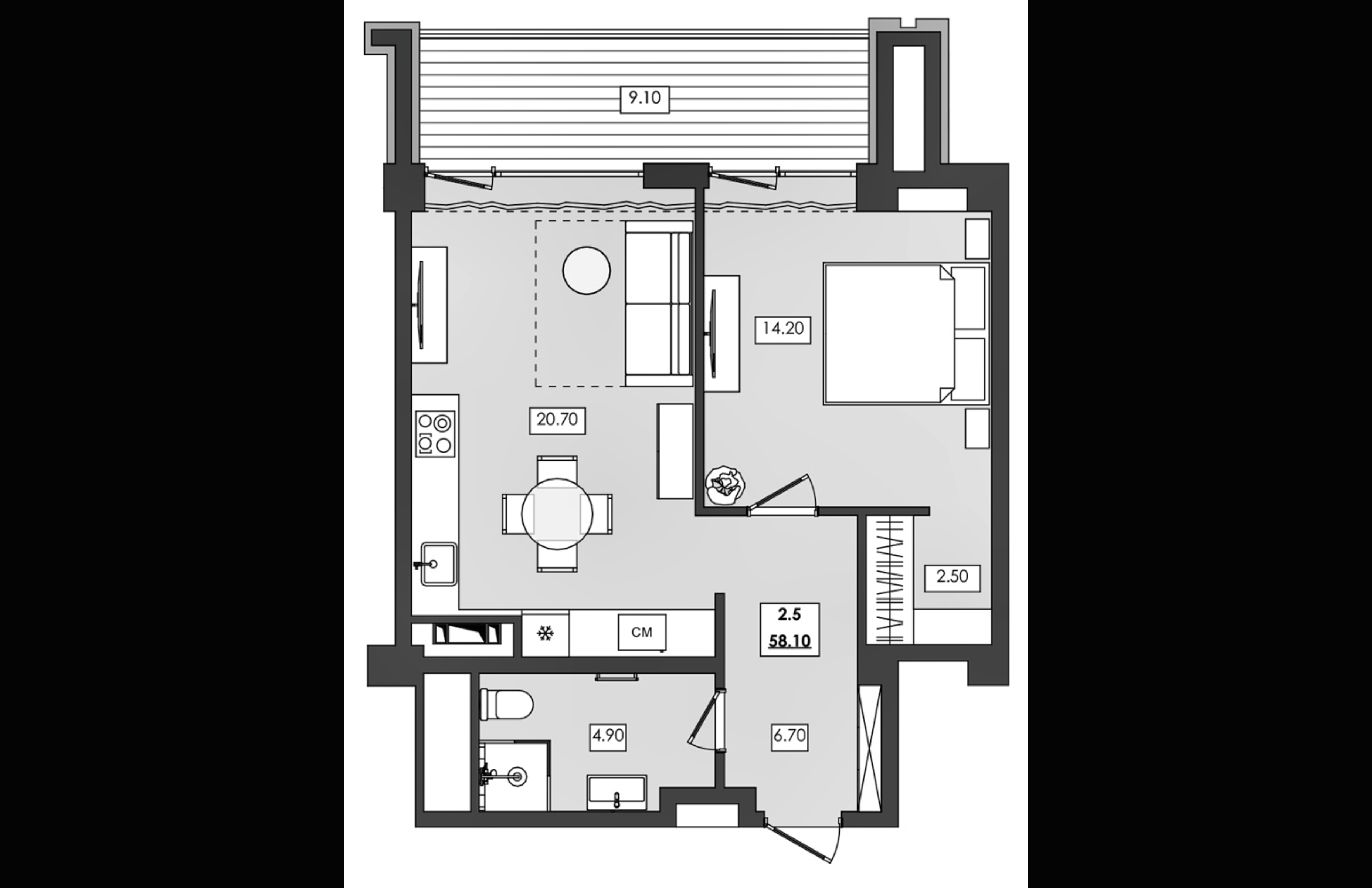 2-комн. апартамент №2.5, 2 эт., корп. 1 очередь, Алушта Ривьера