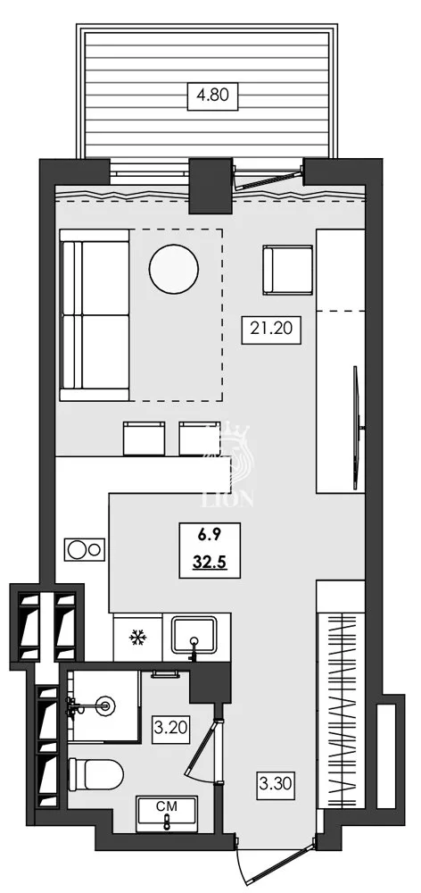 1-к апартаменты 32.5 м² 6 эт., Алушта