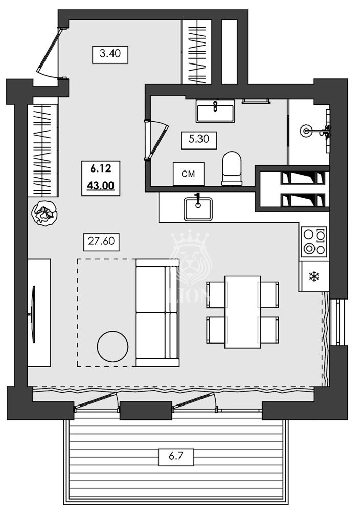 1-к апартаменты 43 м² 6 эт., Алушта